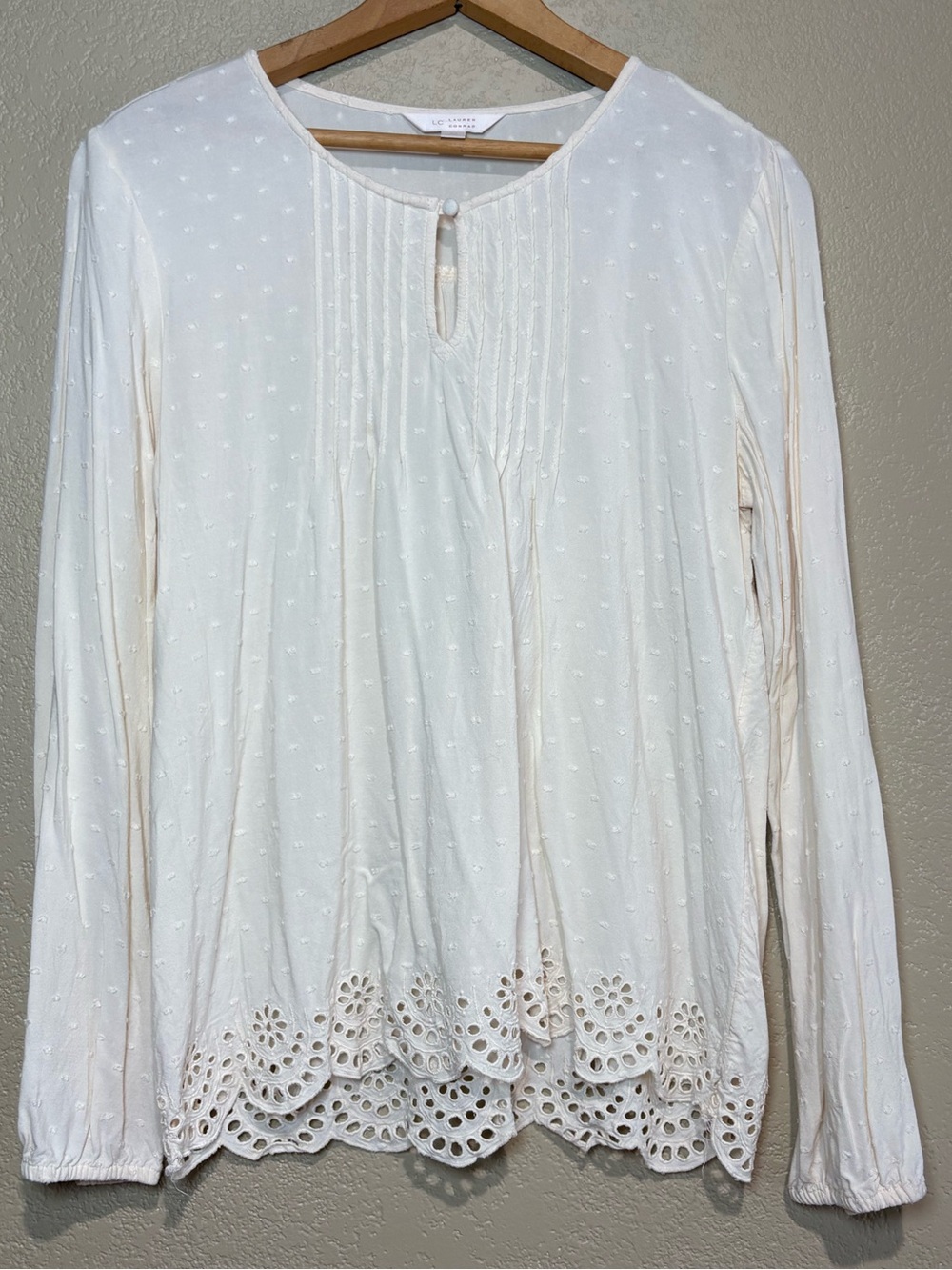 LC Lauren Conrad Cream Eyelet Hem Cottagecore Boho Long Sleeve Shirt